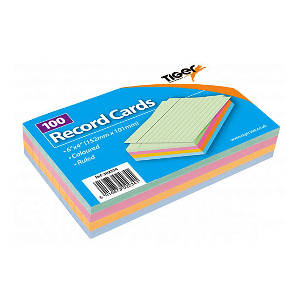 Tiger Record Card Coloured Ruled 6 x 4 (100pk)  302234