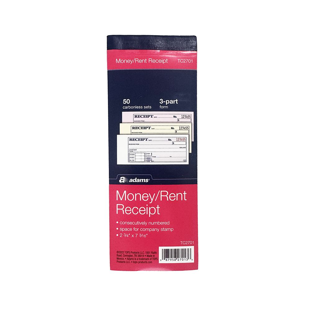 Adams Receipt Book (Money/Rent) Triplicate NCR 2 3/4 x 7 3/16 TC7201 (50pg)