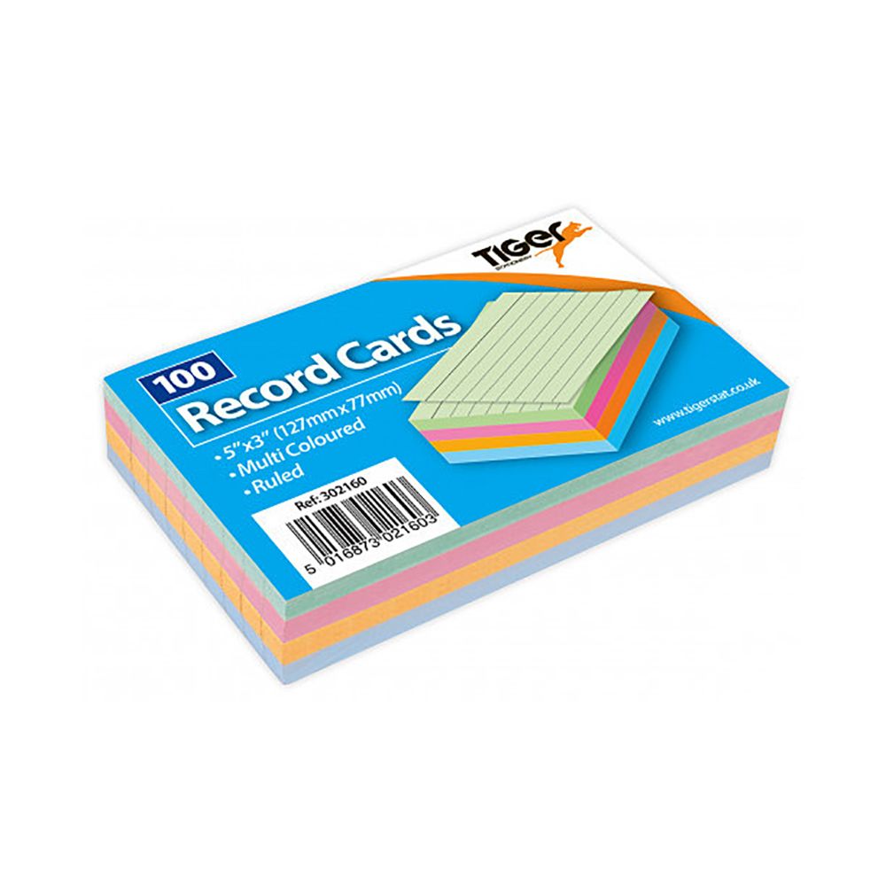 TIGER Record Card Ruled Coloured  5 x 3    302160