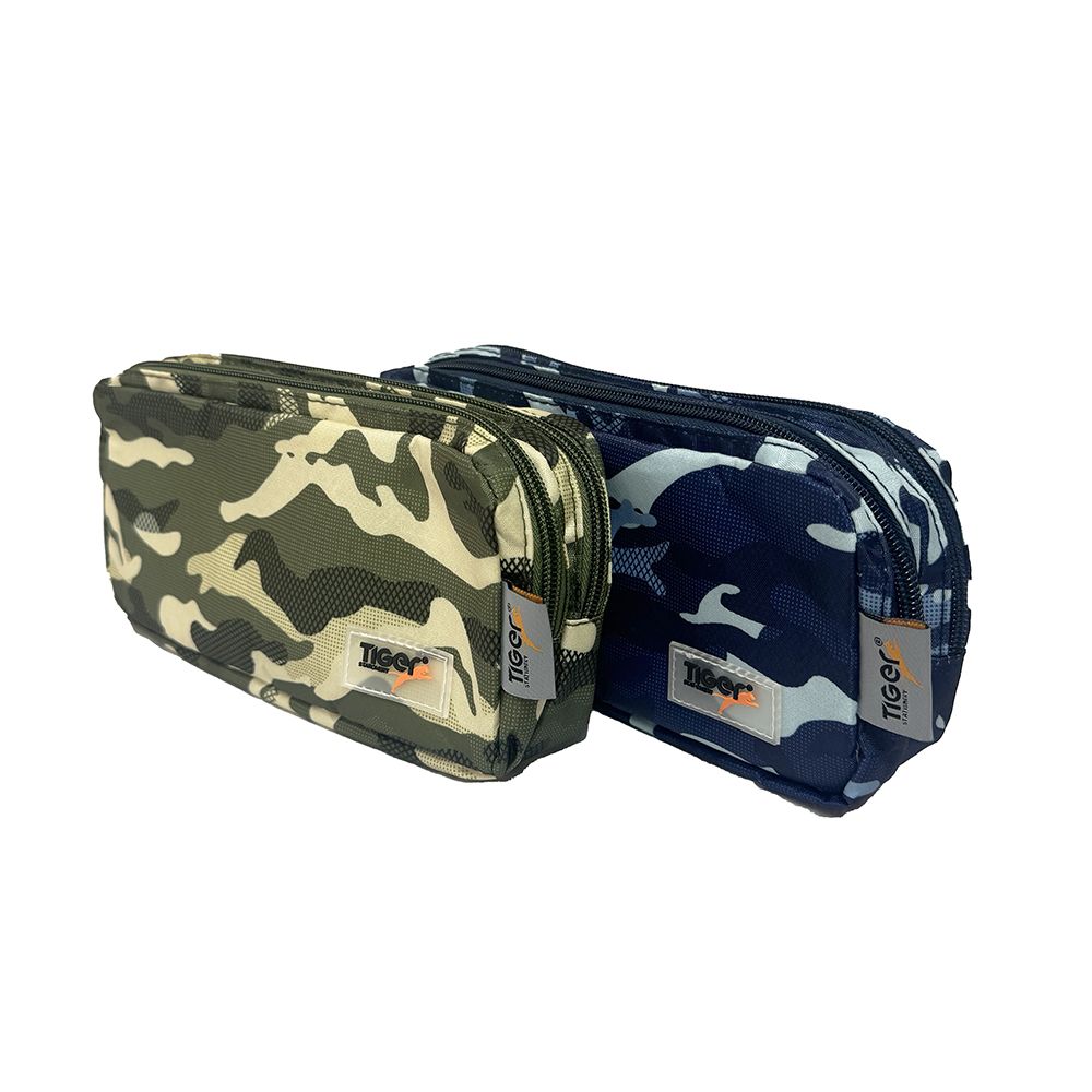 Tiger Pencil Case Double Zip Square Camouflage Blue/Green 302506