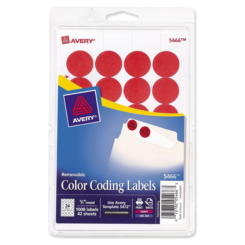 Avery Label Color Coding  3/4 in Diameter  Print/Write  Red       5466