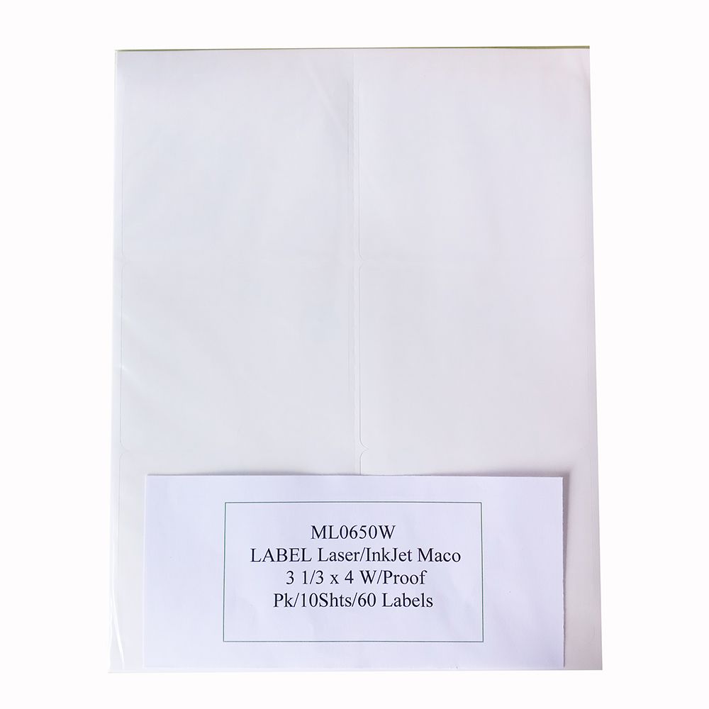 Maco Laser/Inkjet Label 3-1/3in x 4in  Weather Resist. ML-0650W ea-pk/60 labels