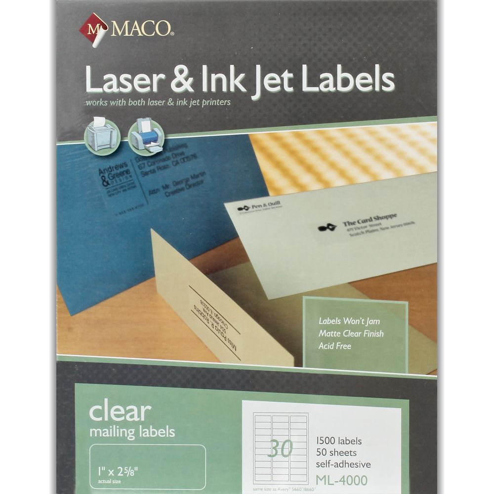 Maco Laser Label   1 in x 2 5/8 in  Clear     ML-4000