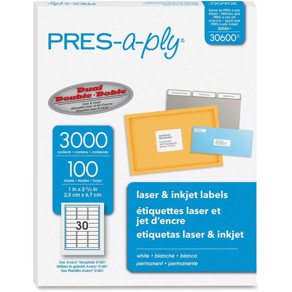 Avery Pres-a-ply Laser Label   1 in x 2 5/8 in     30600