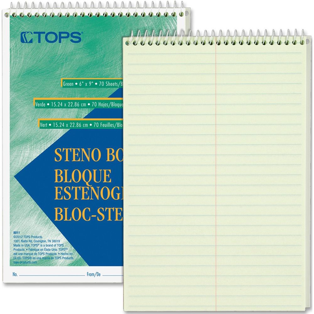 Tops Steno Pad   6x9     80pg Green         8021 ea